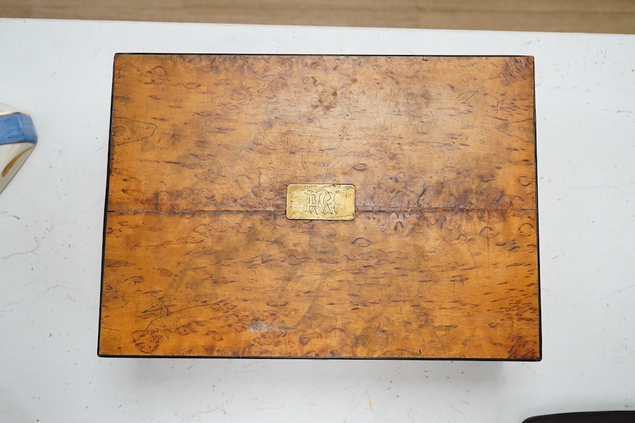 A Victorian birds-eye maple writing slope, 33cm x 22.5cm. Condition - poor